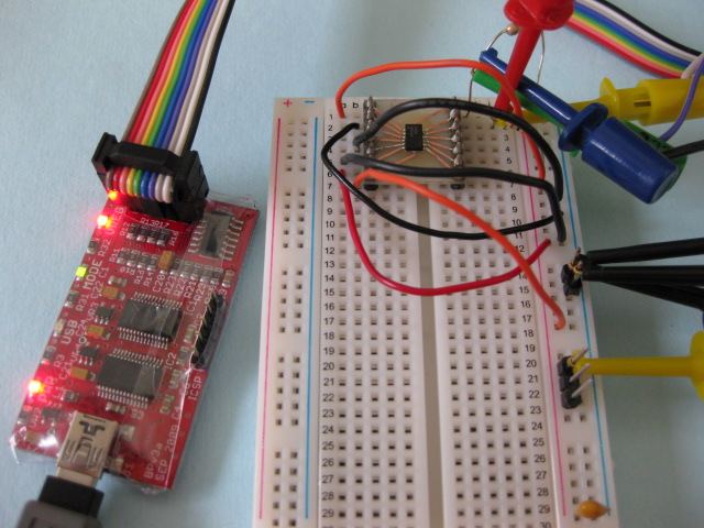 bus pirate connected to a breadboard accelerometer